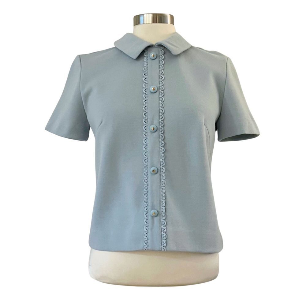 VINTAGE Collared Blouse Buttons Pale Blue 60s 70s 12